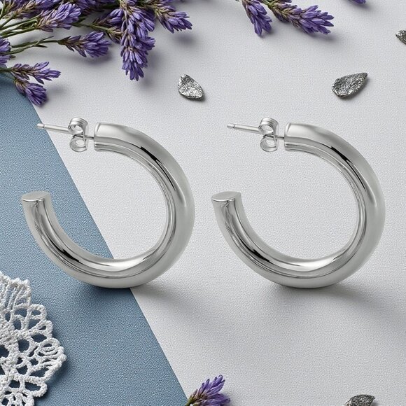 Chunky C Hoop Earrings 18K White Gold Plated Stainless Steel Minimalist - Picture 7 of 14